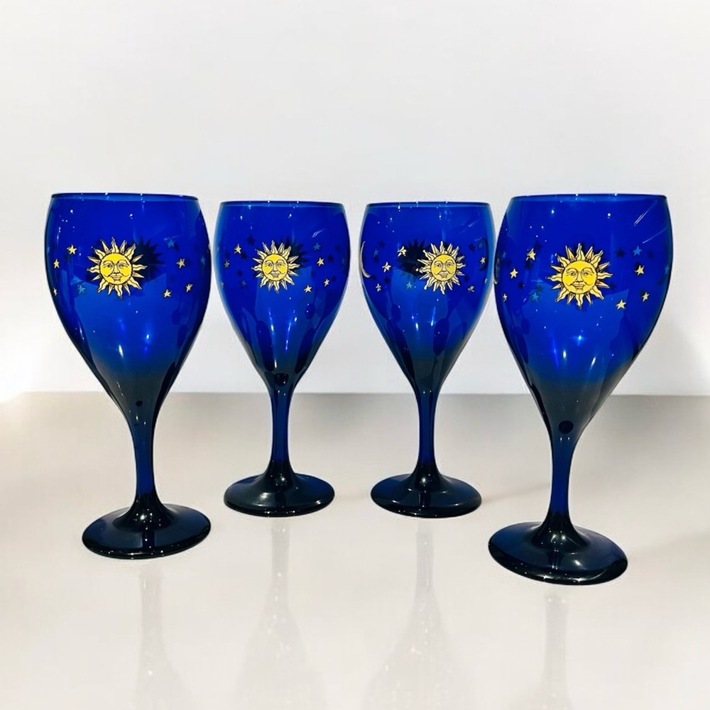 4 Vintage Libbey celestial sun and moon blue wine glasses